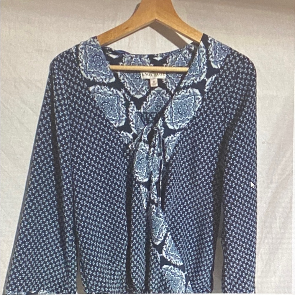 Foxcroft Navy Blue Printed Tie-Neck Blouse